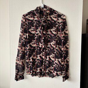 French Connection Black and Coral Long Sleeve Tie Front Chiffon Top - Size 4